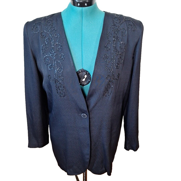 Vintage 90s Black Rayon Beaded Collarless Jacket Blazer Goth Women Size 12 Large - Picture 1 of 8